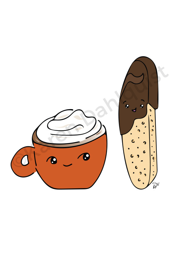 BFFs Best Friends Forever cappuccino with biscotti drawn by © Karen Dahlquist Illustrator Graphic Designer