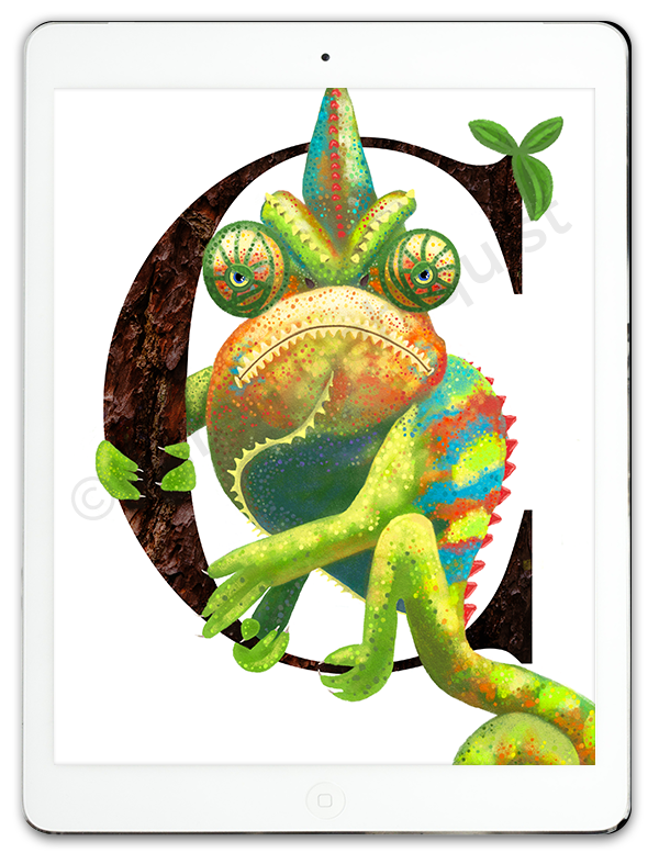 Ipad showing drawing of a capricious chameleon, © Karen Dahlquist Illustrator Graphic Designer